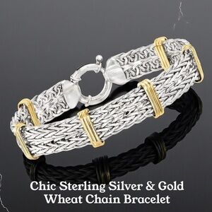 Chic Sterling Silver & Gold Wheat Chain Bracelet